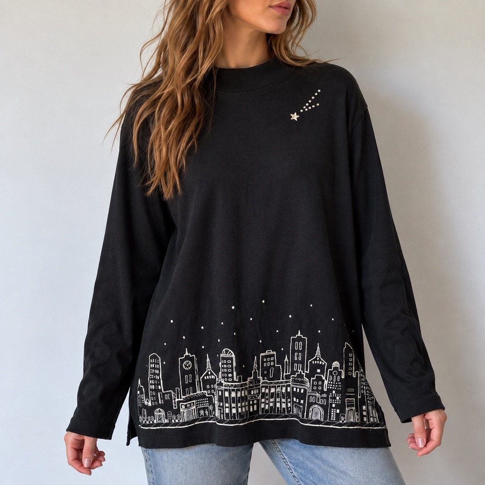 Vintage 90s Teddi Black Cityscape Top XL Celestial Y2K Rhinestone Whimsigoth